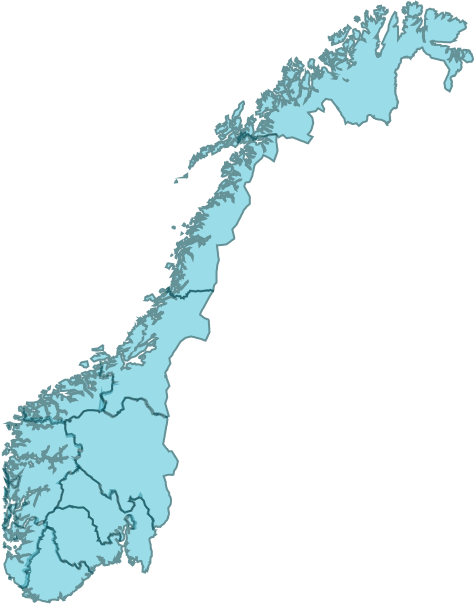 Kart som viser de forskjellige fylkene i Norge i 2020.